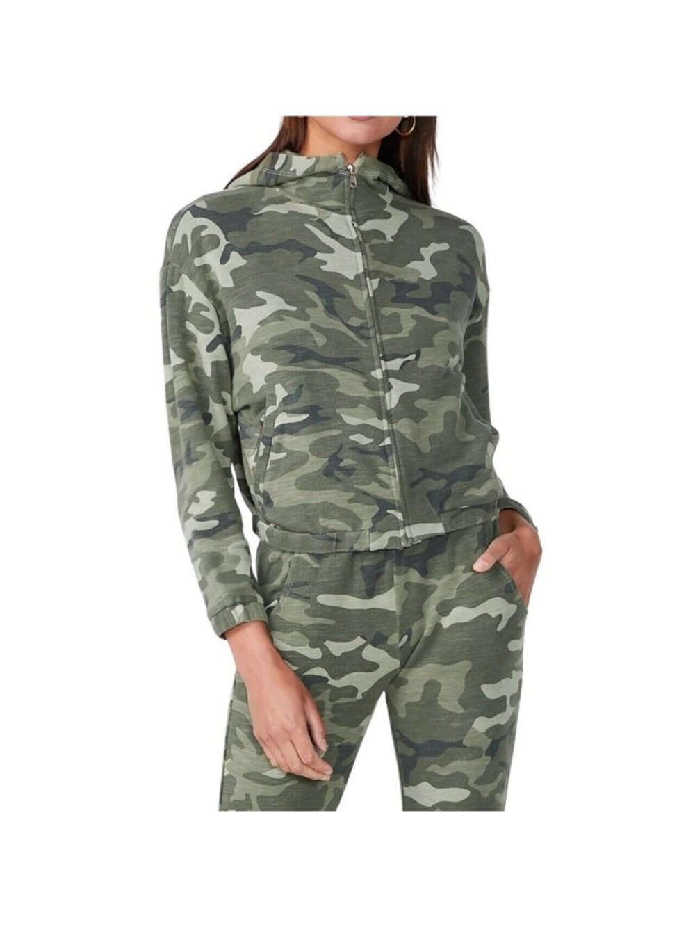 Monrow Women’s Urban Zip Up Cropped Hoodie in Light Olive, S